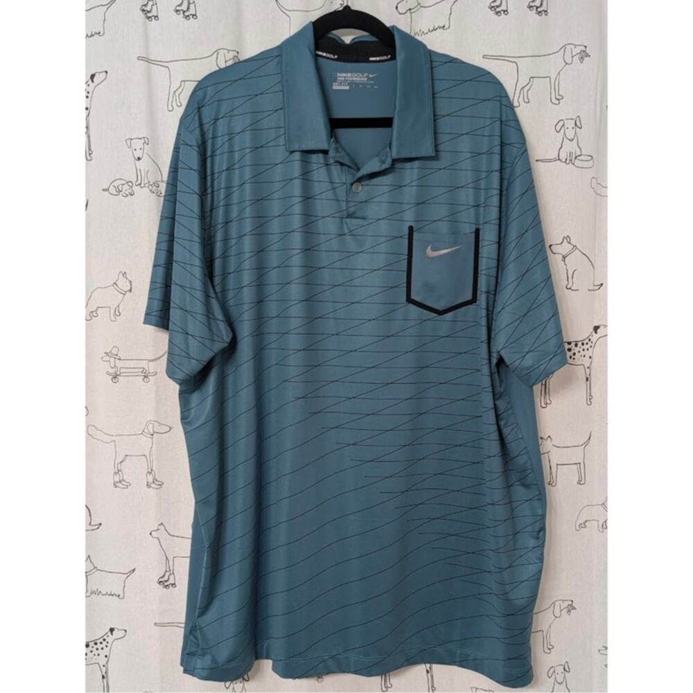 Nike Golf Mens Dri-Fit Tour Performance Sporty Polo Pocket Dark Teal Striped 2XL